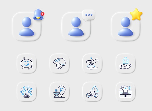 Bicycle helmet, Grill place and Yummy smile line icons. Placeholder with 3d star, reminder bell, chat. Pack of Bike attention, Hotel, Fireworks stars icon. Puzzle, Boat fishing pictogram. Vector