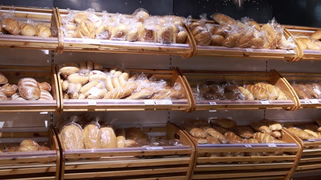 Bakery products on display in a supermarket