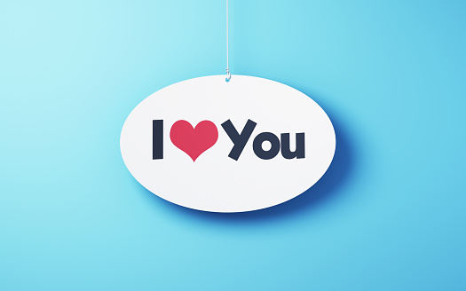 3d Render I Love You on Cut White Note Paper Hanging on a String on Blue Soft Background, Big sale days Concept, Note paper with Red Thumbtack (Close Up)