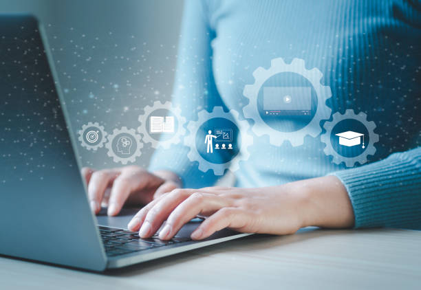 istock e-learning education Internet lessons, technology, internet education People attending online lessons on digital screens Study knowledge for creativity and problem solving. 1919867056