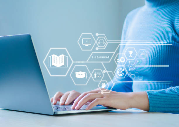 istock e-learning education Internet lessons, technology, internet education People attending online lessons on digital screens Study knowledge for creativity and problem solving. 1919868651