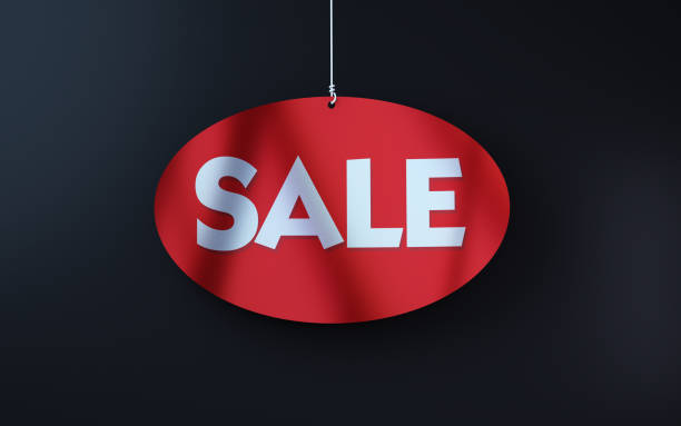 3d render Sale cut on white note paper hanging on string, White note paper blue background (close-up)