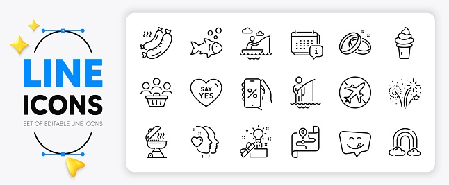Calendar, Rainbow and Discounts app line icons set for app include Boat fishing, Airplane mode, Grilled sausage outline thin icon. Say yes, Creative idea, Buyers pictogram icon. Vector