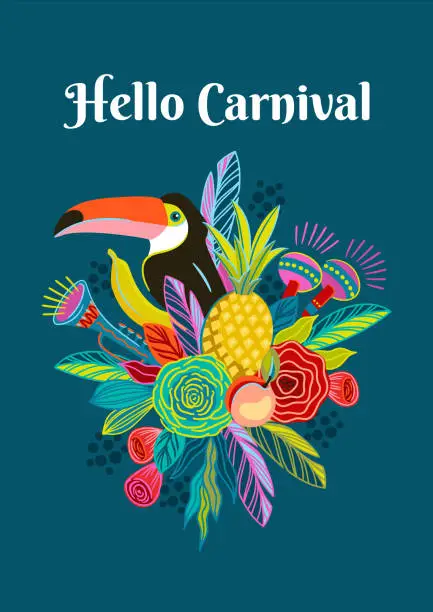 Vector illustration of Template with flowers and toucan. Brazil carnival. Vector design for carnival concept and other