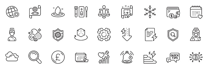 Icons pack as Bitcoin system, Reminder and Inspect line icons for app include Doctor, Cogwheel blueprint, Wallet outline thin icon web set. Architect plan, Power certificate, Nurse pictogram. Vector