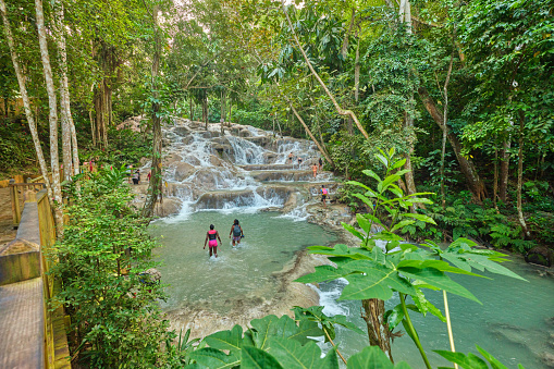 Jamaica, December 11, 2022 Dunn´s river falls jamaica, Ocho Rios, tropical waterfalls