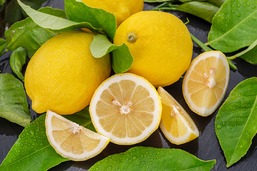 Ripe lemon fruits with slices and lemon leaves on a gray stone table. Nice fruit citrus background for your projects.