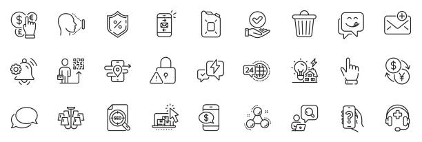 ilustrações de stock, clip art, desenhos animados e ícones de icons pack as face id, canister oil and phone payment line icons. for web app. vector - oil filed