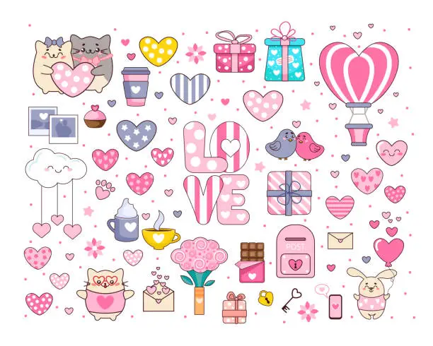 Vector illustration of Vector festive set of Valentine's Day elements for creating postcards