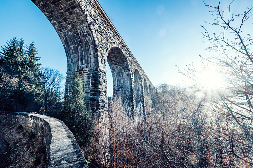 Starrucca Viaduct and trees with blue sky background in PA