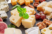 Variety of sliced cheeses with fruits, mint, nuts and cheese cutting knives. Wonderful cheese background for your projects.
