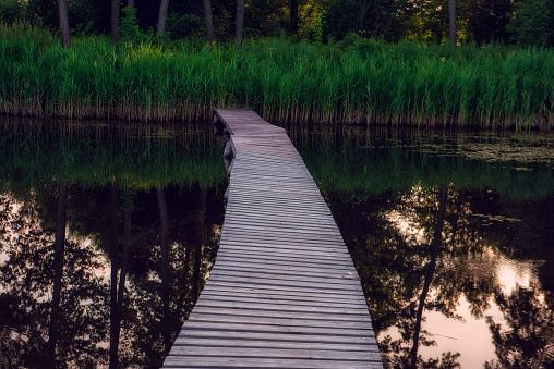 A wooden bridge without railings across a pond in the forest.