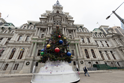 Philadelphia, Pa. USA, Dec. 30, 2023: Christmas tree at Philadelphia City Hall, Philadelphia, Pa. USA