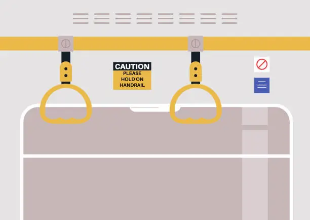Vector illustration of The ubiquitous presence of handrails and safety stickers in public transport systems serves as silent guardians, ensuring the safety of commuters during their daily journeys