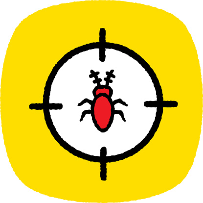 Vector illustration of a hand drawn cockroach in the middle of crosshairs against a yellow background with textured effect.