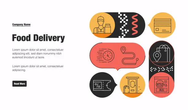 Vector illustration of Food Delivery Related Vector Banner Design Concept. Global Multi-Sphere Ready-to-Use Template. Web Banner, Website Header, Magazine, Mobile Application etc. Modern Design.