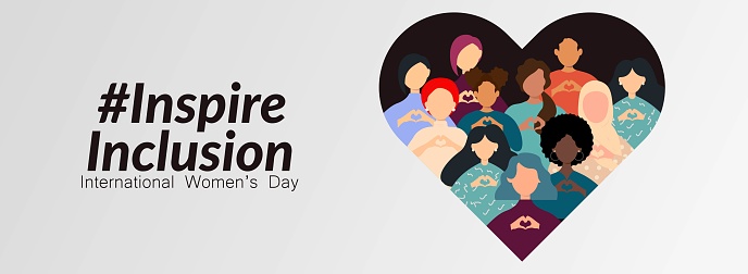 International Women's Day banner. #InspireInclusion Diverse women with heart-shaped hands stand together.