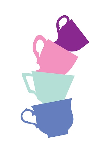 cute colorful cups stack. A pyramid of mugs on a white background. Flat design. Vector