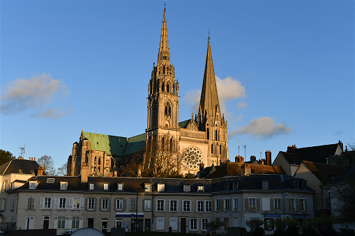 Chartres, France-01 05 2024: The Chartres cathedral at dusk, France.