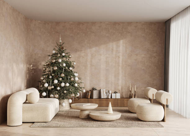 istock Boho beige livingroom with decorated Christmas tree and gift background. Modern nature window view. 3d rendering mock up stucco wall. High quality 3d illustration 1919965237