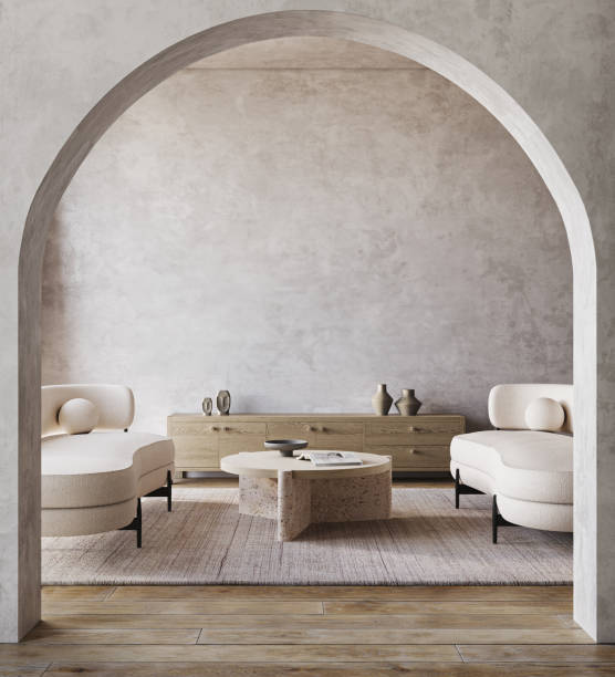 istock Boho beige livingroom interior design with 2 sofa, arch and grey stucco wall background. Light modern japanese nature view. 3d rendering mock up. High quality 3d illustration 1919966292