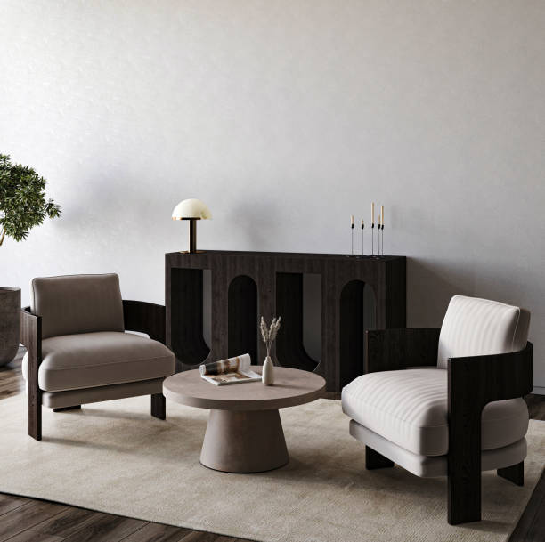 istock Boho classic gray livingroom interior design with chairs, green plant, commode and grey stucco wall background. Light modern japanese nature view. 3d rendering mock up. High quality 3d illustration 1919967362