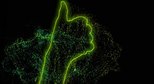 Vfx animated green shake hand silhouette, bright particles and neon lines, thumbs up, waving up and down, copy space. The concept of consent, doing great, everything is fine, super