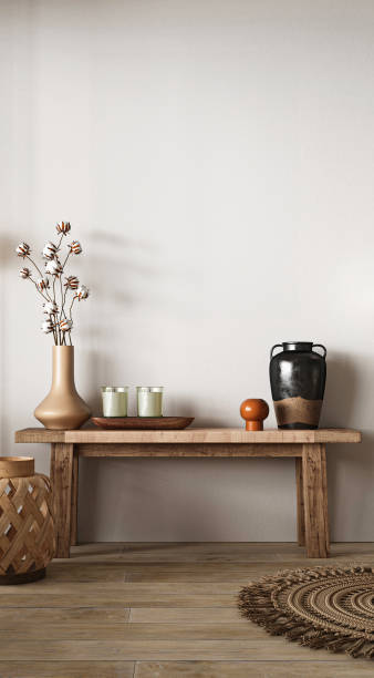 istock Boho beige livingroom with console and wicker basket background. Light modern japanese nature view. 3d rendering mock up. High quality 3d illustration 1919970872