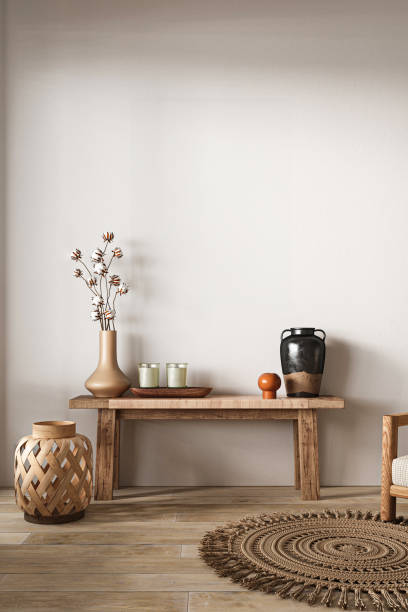 istock Boho beige livingroom with console, dry plants and vase background. Light modern nature view. 3d rendering. High quality 3d illustration 1919971673