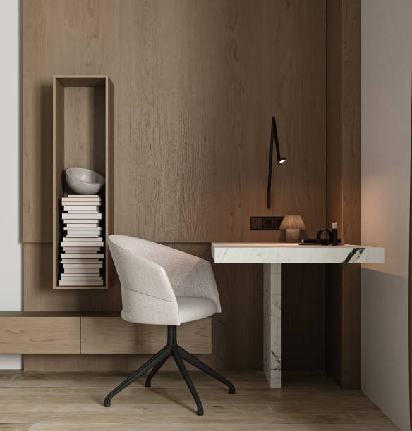 istock Japandi study room interior with wooden panels and marble background. Light modern nature view. 3d rendering. High quality 3d illustration 1919973272