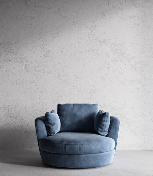 istock Conceptual vintage interior studio room with stucco wall. Creative composition armchair in dark blue pastel color. Mockup empty background. 3d rendering. High quality 3d illustration 1919973275