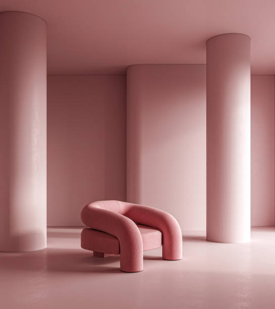 Conceptual interior studio room with pink wall. Creative composition armchair in Memphis style. Mockup empty background. 3d rendering. High quality 3d illustration