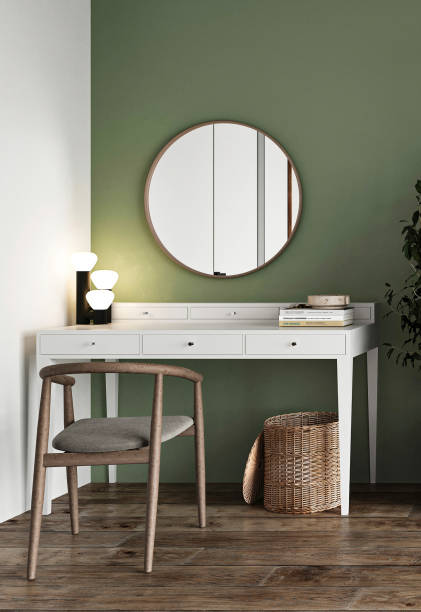 istock Classic rustic bedroom with dressing table and mirror background. Light modern japanese nature view. 3d rendering mock up. High quality 3d illustration 1919976441