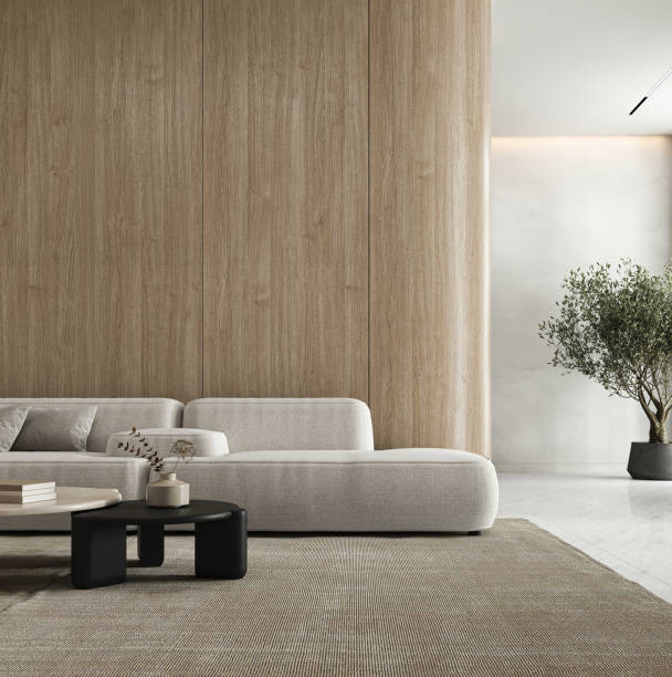 istock Beige minimal livingroom with large modular sofa, plants and decor - carpet background. Light modern japanese nature view. 3d rendering. High quality 3d illustration 1919978015