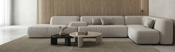 istock Beige minimal livingroom with large modular sofa, plants and decor - carpet background. Light modern japanese nature view. 3d rendering. High quality 3d illustration 1919979080