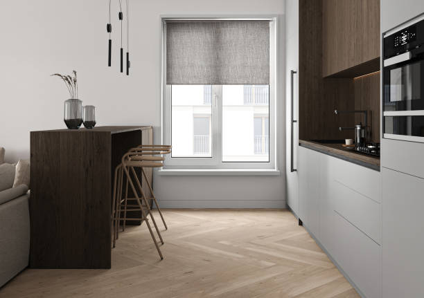 istock Modern minimal style wooden kitchen interior design with window and island background. 3d rendering. High quality 3d illustration 1919980131