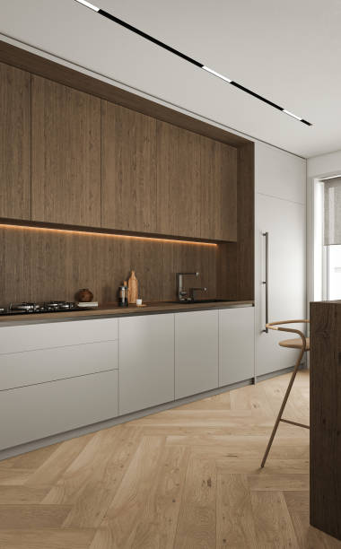 Modern minimal style wooden kitchen interior design with window and island background. 3d rendering. High quality 3d illustration