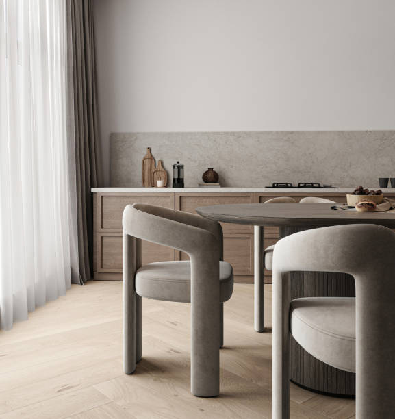 istock Modern minimal style wooden kitchen interior with window and dining table background. Nature design. 3d rendering. High quality 3d illustration 1919981213