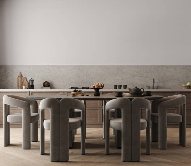 istock Modern dark minimal style wooden kitchen interior with window and dining table background. Nature design. 3d rendering. High quality 3d illustration 1919981740