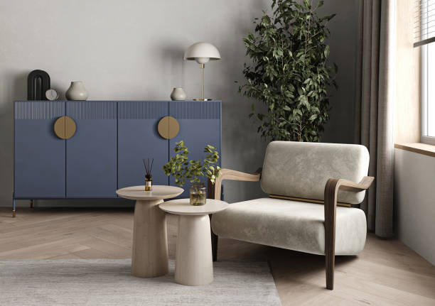 Modern gray livingroom with bright blue commode and green plants background. Light modern japanese nature view. 3d rendering mock up. High quality 3d illustration.