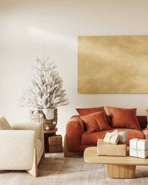 istock Festive home interior with a vibrant orange sofa and holiday decorations creating a cheerful atmosphere. 3d render 1919983917