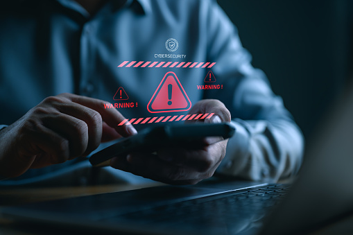 System warning hacked alert, cyberattack on smartphone network. Cybersecurity vulnerability, data breach, illegal connection, compromised information concept. Malicious software, virus and cybercrime.