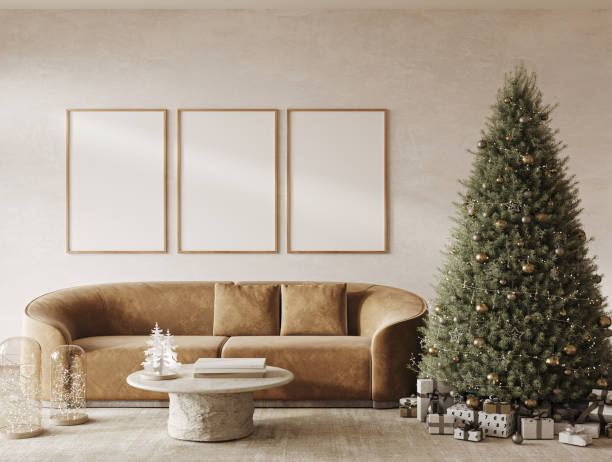 istock Boho beige livingroom with decorated Christmas tree and gift background. Modern nature view with 3 picture frame. 3d rendering mock up stucco wall. High quality 3d illustration 1919984453