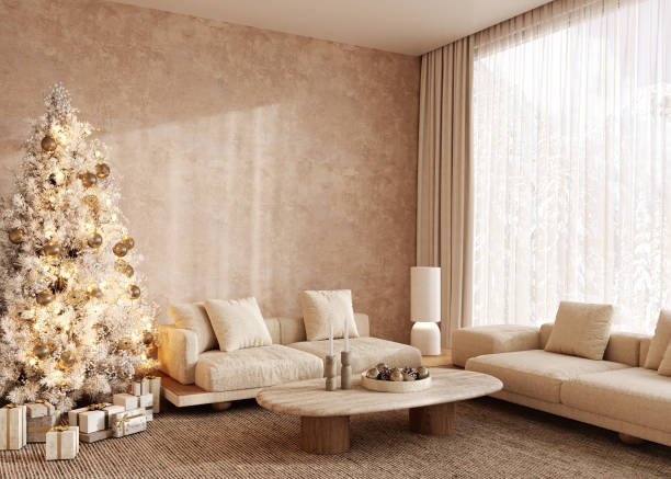 istock Boho beige livingroom with decorated Christmas tree and gift background. Modern nature window view. 3d rendering mock up stucco wall. High quality 3d illustration 1919984961