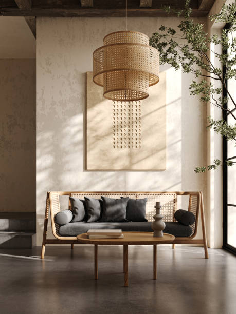 istock Boho beige livingroom with lounge couch, tree and windows background. Light modern japanese nature view. 3d rendering. High quality 3d illustration 1919985484