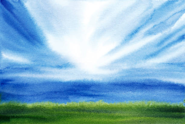 Sky blue stains and grass using sketching technique Watercolor abstract landscape with sky and grass patterns using sketching technique for decoration and design cirrus sunrise cloud sky stock illustrations