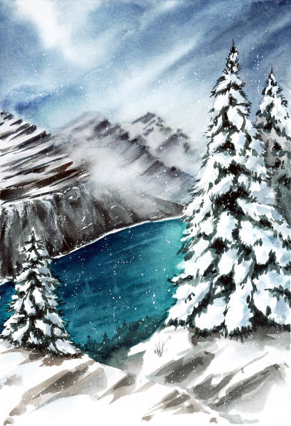 Acrylic Painting Of Winter Concept Heavy Snowfall Natural Mountain