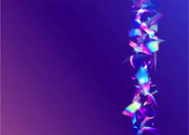 Vector illustration of Neon Confetti. Disco Realistic Wallpaper. Rainbow Tinsel. Fantasy Art. Retro Design. Webpunk Foil. Pink Shiny Sparkles. Light Texture. Purple Neon Confetti