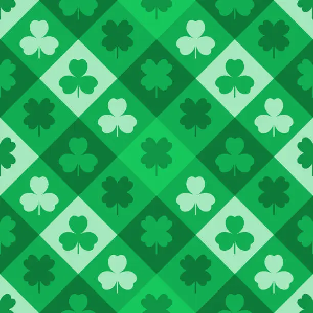 Vector illustration of Patricks day green seamless geometric pattern with clover