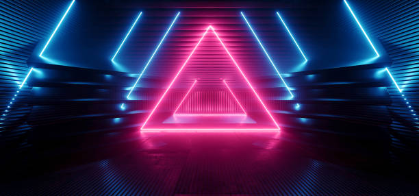 istock Futuristic Cyber Triangle Neon Glowing Laser Beam Light Purple Blue Vibrant Realistic Garage Corridor Studio Showroom Metal Concrete Realistic Background 3D Rendering 1920043467